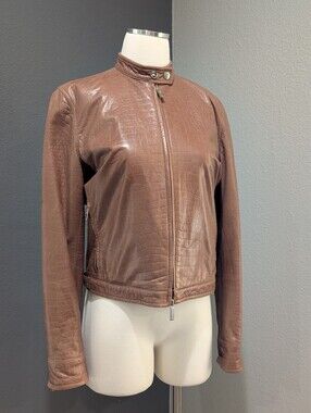 Vintage Ralph Lauren Chocolate Brown Crocodile Embossed Leather Jacket - Size 8